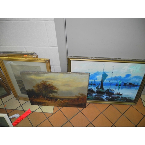 655 - PAINTINGS AND PRINTS, etc, to include J. Silva, oil on board, fishing boats by a slipway, framed, ap... 