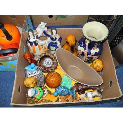 698 - FIVE BOXES AND LOOSE CERAMICS, GLASS, KITCHEN ITEMS ETC, to include Le Creuset orange kettle and blu... 