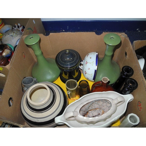 698 - FIVE BOXES AND LOOSE CERAMICS, GLASS, KITCHEN ITEMS ETC, to include Le Creuset orange kettle and blu... 