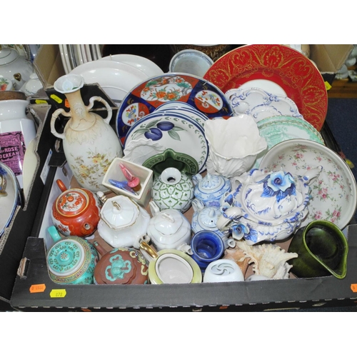 878 - SIX BOXES OF CERAMICS AND GLASSWARES, to include a pair of Aynsley covered vases (some restoration),... 