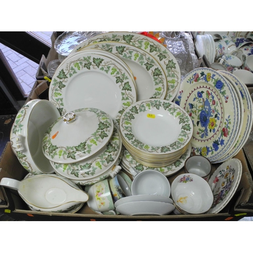 878 - SIX BOXES OF CERAMICS AND GLASSWARES, to include a pair of Aynsley covered vases (some restoration),... 