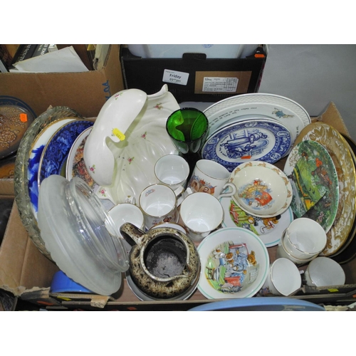 881 - THREE BOXES AND LOOSE OF CERAMICS AND GLASSWARE to include cranberry glass, Royal Crown Derby 'Gold ... 