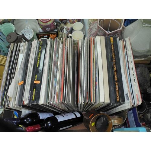 885 - THREE BOXES AND LOOSE to include vinyl records, two brief cases, portable Bauhn record player, two I... 