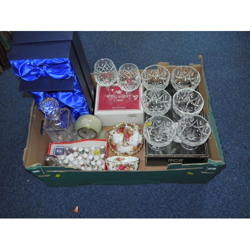 886 - THREE BOXES AND LOOSE OF MISCELLANEOUS ITEMS, to include a pair of boxed Royal Albert brandy glasses... 