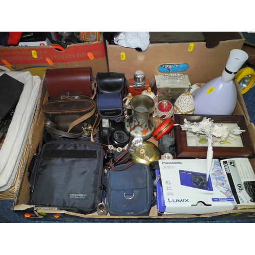 895 - SIX BOXES AND LOOSE OF SUNDRY ITEMS, including boxed and cased cameras, metalware, kitchenalia, tabl... 