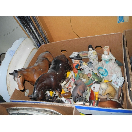 904 - SIX BOXES AND LOOSE OF CERAMICS, DVD'S, PICTURES etc, to include a collection of ceramic and resin d... 