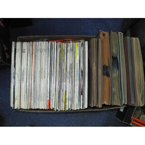 910 - TWO BOXES AND LOOSE OF VINYL L P RECORDS, TREEN, METALWARE, CLOCK, etc, to include a heard of hardwo... 