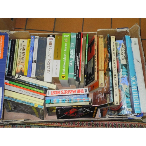 452 - SEVEN BOXES OF BOOKS, to include car manuals, Penguin paperback, etc