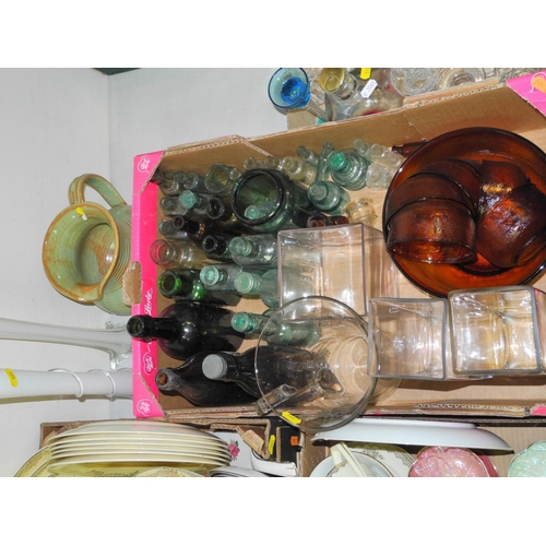 591 - THREE BOXES AND LOOSE CERAMICS, GLASS ,etc, to include glass ink bottles, brewery bottles, six Beswi... 