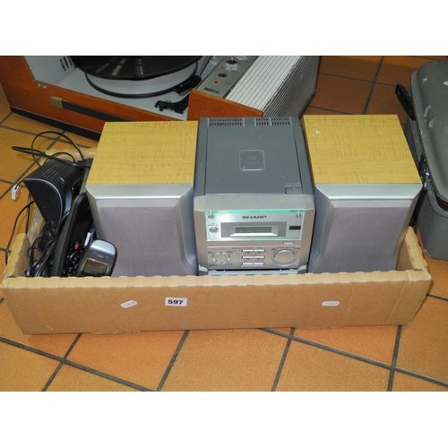 597 - TWO BOXES AND LOOSE SUNDRY ITEMS, to include Sharp radio/cassette player, phones, an ITT KB record p... 