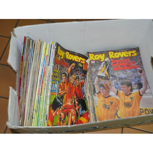 603 - FOUR BOXES OF BOOKS, MAGAZINES AND COMICS, etc to include Roy of the Rovers from 1988 to 1991, Hayne... 