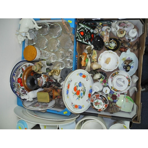 697 - FOUR BOXES AND LOOSE CERAMICS, GLASS ETC, to include Royal Stafford 'Princess' teaset, Beswick birds... 