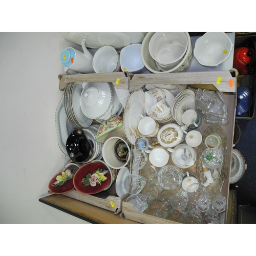 697 - FOUR BOXES AND LOOSE CERAMICS, GLASS ETC, to include Royal Stafford 'Princess' teaset, Beswick birds... 