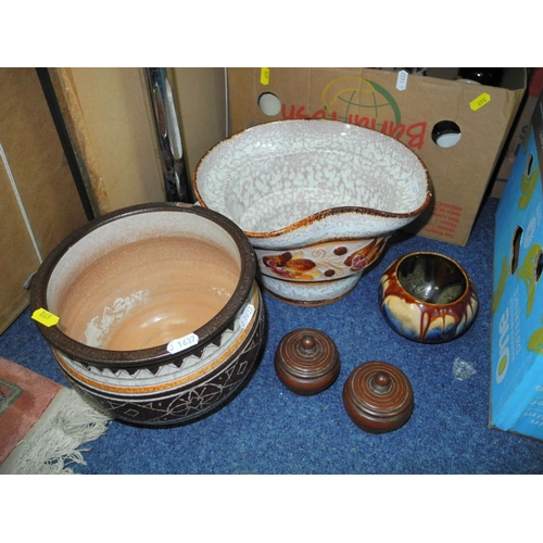 698 - FIVE BOXES AND LOOSE CERAMICS, GLASS, KITCHEN ITEMS ETC, to include Le Creuset orange kettle and blu... 