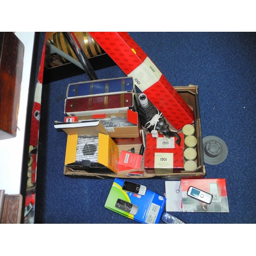 856 - TWO BOXES AND LOOSE SUNDRY ITEMS, to include modern brass oil lamp, diecast vehicles, boxed Mitre Sa... 