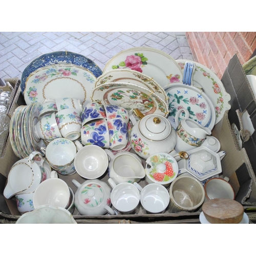 878 - SIX BOXES OF CERAMICS AND GLASSWARES, to include a pair of Aynsley covered vases (some restoration),... 