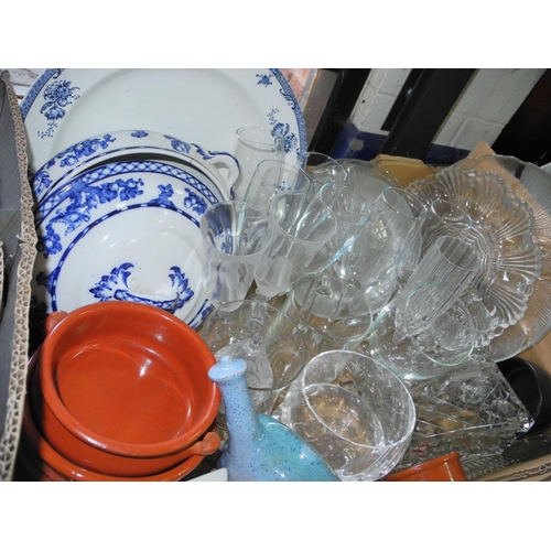 881 - THREE BOXES AND LOOSE OF CERAMICS AND GLASSWARE to include cranberry glass, Royal Crown Derby 'Gold ... 