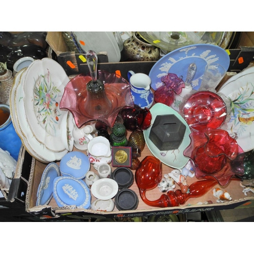 881 - THREE BOXES AND LOOSE OF CERAMICS AND GLASSWARE to include cranberry glass, Royal Crown Derby 'Gold ... 