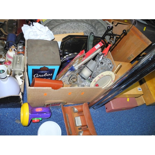 895 - SIX BOXES AND LOOSE OF SUNDRY ITEMS, including boxed and cased cameras, metalware, kitchenalia, tabl... 