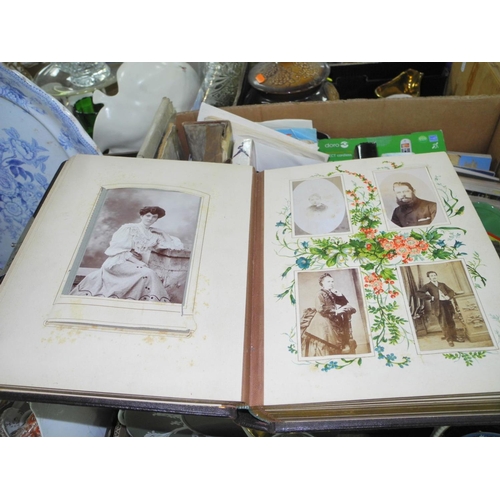 902 - TWO BOXES BOOKS, CERAMICS, etc to include a Victorian photograph album, a group of vinyl 45 records,... 