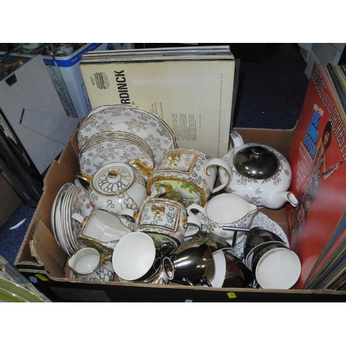 911 - TWO BOXES OF CERAMICS AND GLASSWARE, etc, to include Czechoslovakian Josefina Loucky coffee set, gre... 