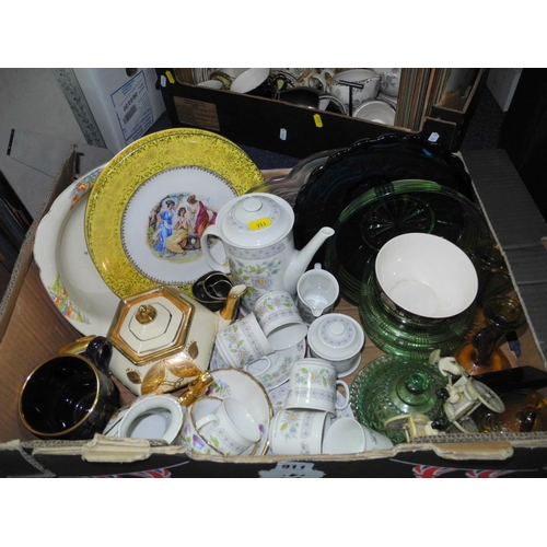 911 - TWO BOXES OF CERAMICS AND GLASSWARE, etc, to include Czechoslovakian Josefina Loucky coffee set, gre... 