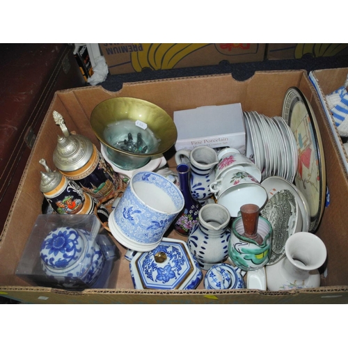 914 - FOUR BOXES OF CERAMICS AND GLASSWARE, etc to include Clarice Cliff 'Budgerigar' design planter No 86... 