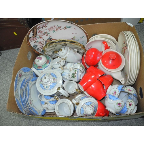 914 - FOUR BOXES OF CERAMICS AND GLASSWARE, etc to include Clarice Cliff 'Budgerigar' design planter No 86... 