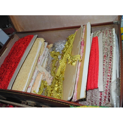 919 - TWO BOXES, A SUITCASE AND LOOSE GLASSWARE,TEXTILES, etc, to include braiding (1950's), most being on... 