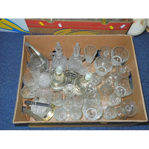 927 - FOUR BOXES OF ASSORTED GLASS AND METALWARE to include cut glass oil and vinegar bottles on matching ... 