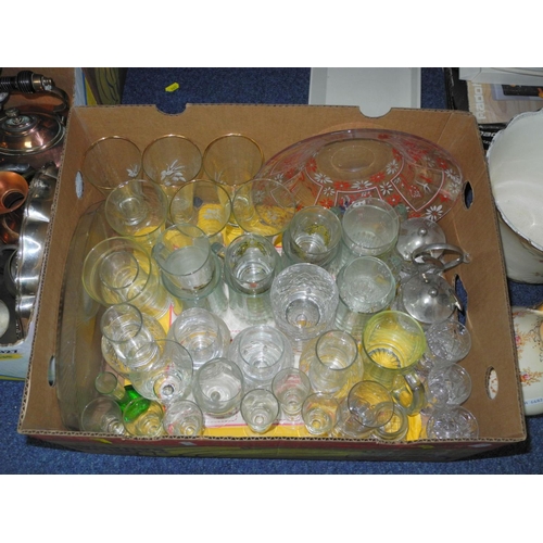 927 - FOUR BOXES OF ASSORTED GLASS AND METALWARE to include cut glass oil and vinegar bottles on matching ... 