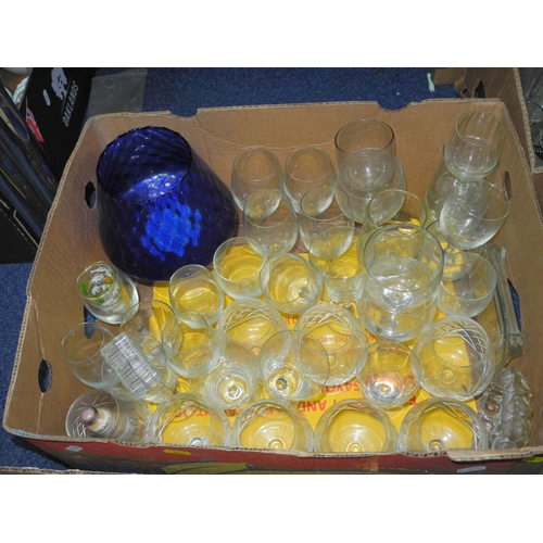 927 - FOUR BOXES OF ASSORTED GLASS AND METALWARE to include cut glass oil and vinegar bottles on matching ... 