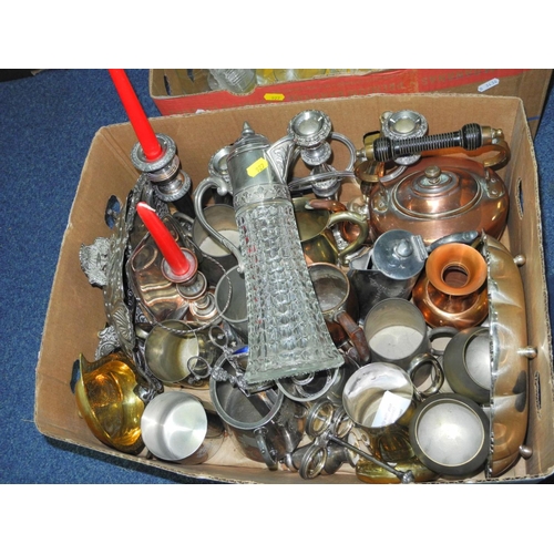 927 - FOUR BOXES OF ASSORTED GLASS AND METALWARE to include cut glass oil and vinegar bottles on matching ... 