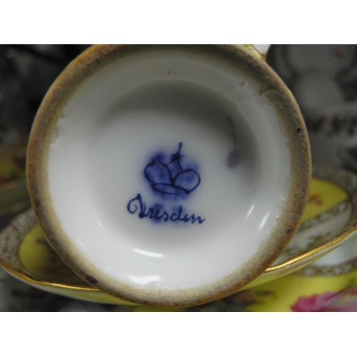 937 - DRESDEN MARKED HAND PAINTED TEA WARES, to include cake plate, jug, six cups, saucers and side plates