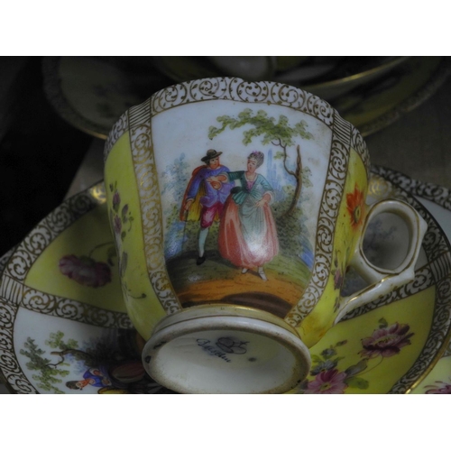 937 - DRESDEN MARKED HAND PAINTED TEA WARES, to include cake plate, jug, six cups, saucers and side plates