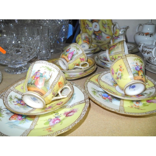 937 - DRESDEN MARKED HAND PAINTED TEA WARES, to include cake plate, jug, six cups, saucers and side plates