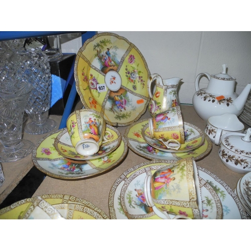 937 - DRESDEN MARKED HAND PAINTED TEA WARES, to include cake plate, jug, six cups, saucers and side plates