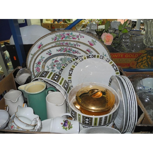 938 - FIVE BOXES AND LOOSE OF CERAMICS AND GLASSWARES, to include Poole pottery, Royal Worcester 'Evesham'... 