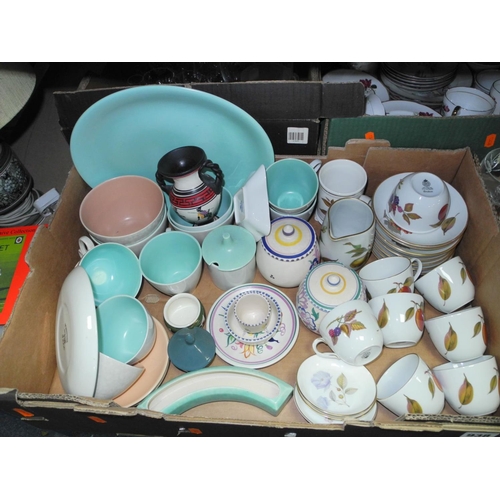 938 - FIVE BOXES AND LOOSE OF CERAMICS AND GLASSWARES, to include Poole pottery, Royal Worcester 'Evesham'... 