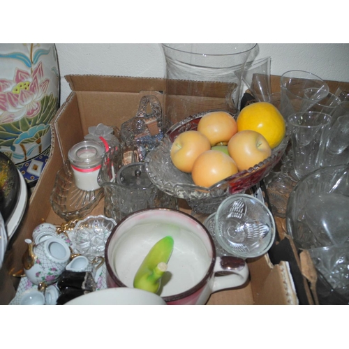 945 - FIVE BOXES AND LOOSE CERAMICS AND GLASSWARE to include jardinieres, floor vase, a glass punch bowl a... 