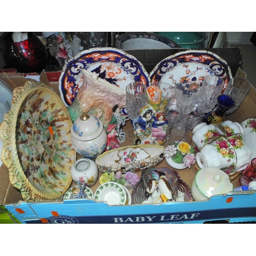 968 - FOUR BOXES AND LOOSE OF CERAMICS AND GLASSWARE to include 'Platinum Rose' dinnerware, Imari pallette... 