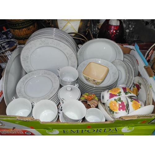 968 - FOUR BOXES AND LOOSE OF CERAMICS AND GLASSWARE to include 'Platinum Rose' dinnerware, Imari pallette... 