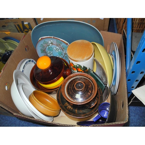 969 - SIX BOXES OF SUNDRY ITEMS, including a box of cast iron cookware, Poole Pottery meal platter, Royal ... 