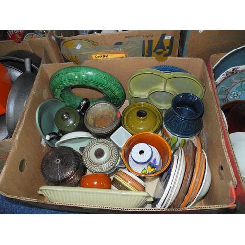 969 - SIX BOXES OF SUNDRY ITEMS, including a box of cast iron cookware, Poole Pottery meal platter, Royal ... 