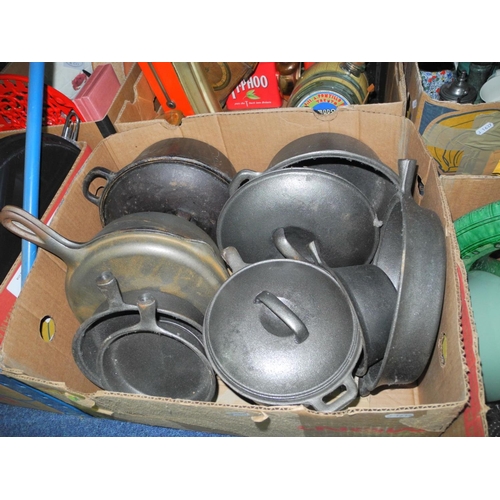 969 - SIX BOXES OF SUNDRY ITEMS, including a box of cast iron cookware, Poole Pottery meal platter, Royal ... 