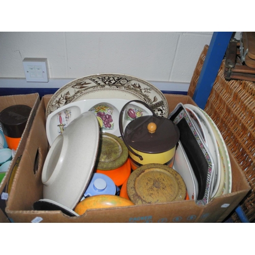 969 - SIX BOXES OF SUNDRY ITEMS, including a box of cast iron cookware, Poole Pottery meal platter, Royal ... 