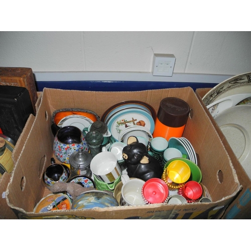 969 - SIX BOXES OF SUNDRY ITEMS, including a box of cast iron cookware, Poole Pottery meal platter, Royal ... 