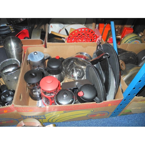 975 - FIVE BOXES AND LOOSE OF MOSTLY KITCHENALIA, including Viners pans, cafetieres, metal kettle shaped f... 