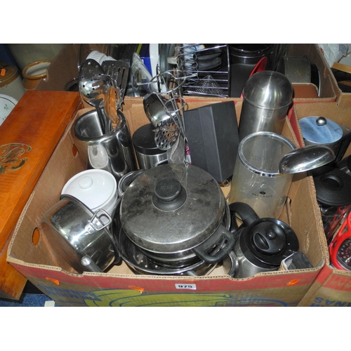 975 - FIVE BOXES AND LOOSE OF MOSTLY KITCHENALIA, including Viners pans, cafetieres, metal kettle shaped f... 