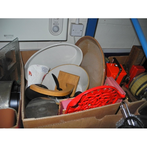 975 - FIVE BOXES AND LOOSE OF MOSTLY KITCHENALIA, including Viners pans, cafetieres, metal kettle shaped f... 